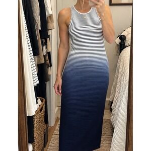 Athleta Ombre Stripe Maxi Midi Tank Dress S Blue White Racerback Resort